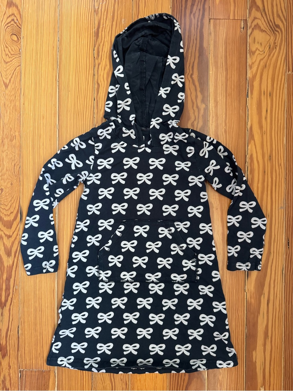Tea Collection Black Hoodie Dress with White Bow Print